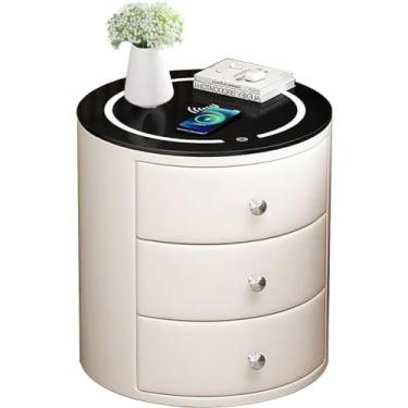 Imagem de Mesa de cabeceira LED, mesa lateral de 3 camadas com gaveta de armazenamento e prateleira, mesa de cabeceira com estação de carregamento e portas USB, mesas de cabeceira rústicas para quarto