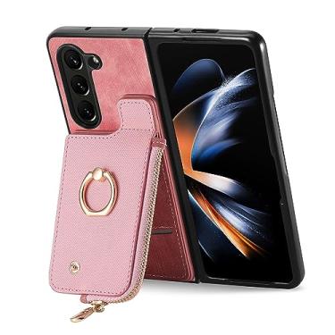 Imagem de HAO RIYLN Capa flip para smartphone para Samsung Galaxy Z Fold 6, capa de telefone carteira de couro com zíper slot para cartão capa de suporte de metal, rosa, Z Fold 6