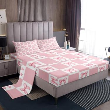 Imagem de Manfei Jogo de lençol com elástico princesa laço com 2 fronhas, laço rosa sonhador feminino, quadriculado geométrico, xadrez, patchwork, rosa, branco, lençol de cima de microfibra, tamanho Queen