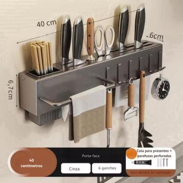 Imagem de Rack Suspenso de Parede Cozinha Porta Facas Utensílios Cinza - Top Hou