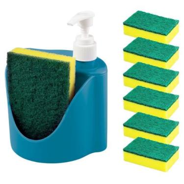 Imagem de Kit Organizador 2 Em1 De Pia Detergente+ 12 Esponjas CasaMia, Verde