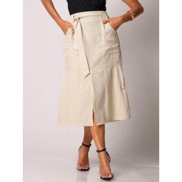 Imagem de Saia Midi De Linho Com Bolsos Acompanha Cinto - Lumia , Bege, GG