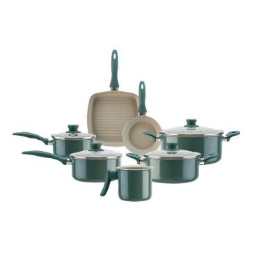 Imagem de Jogo De Panelas Brinox Antiaderente Ceramic Life 7 Peças Easy Verde Jade Verde