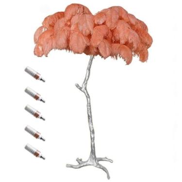 Imagem de Luminária de pé de luxo com pena de avestruz natural com 3 lâmpadas de LED E14 de temperatura de cor, poste dourado e luz de base para decoração