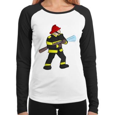 Imagem de Baby Look Raglan Bombeiro Manga Longa - Foca na Moda, Branco, Preto, G