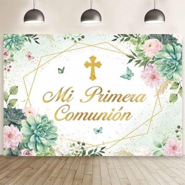 Imagem de MEHOFOND 2,1 x 1,5 m Mi Primera Comunión pano de fundo verde pastel, primeira comunhão, fotografia de fundo floral, cruz Mi Bautizo, decoração de festa, borboleta, batismo, Deus, abençoe, bandeira,