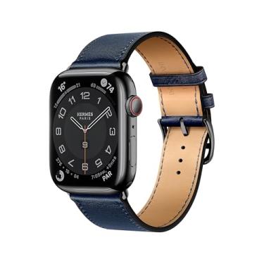 Imagem de DONEGANI Pulseira de couro LB1 para Apple Watch feminino e masculino Se Ultra 2 de 40 mm, 44 mm, 46 mm, 42 mm, 45 mm, 41 mm, 38 mm, 49 mm, séries 10, 9, 8, 7, 6, 5, 4 3, 3, iWatch azul escuro