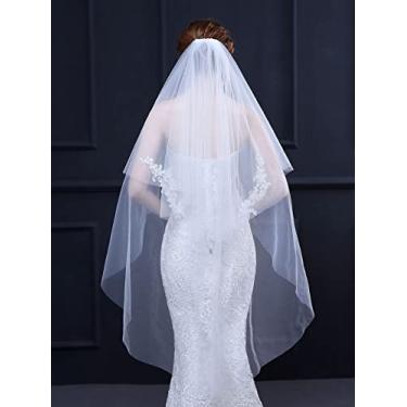 Imagem de JWICOS Véu de noiva marfim de 2 camadas feminino simples tule renda curta despedida de solteira véu de casamento borda cortada com pente para festa de despedida de solteiro