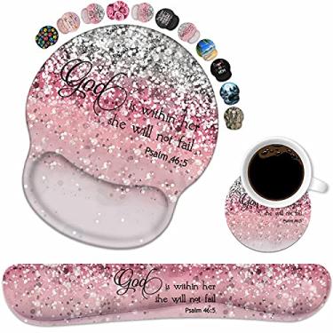 Imagem de Teclado descanso de pulso e mouse pad conjunto de suporte de pulso com porta-copos, base de poliuretano antiderrapante, mouse pad ergonômico para jogos em casa, escritório, trabalho, estudar, digitação fácil e alívio da dor, citação versículos bíblicos salmo 46:5