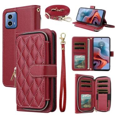 Imagem de Dswteny Argyle Capa carteira para Motorola Moto G34 5G com alça de pulso, alça de ombro, zíper couro PU flip suporte para cartão de crédito acessórios capa de celular para MotoG34 G 34 mulheres
