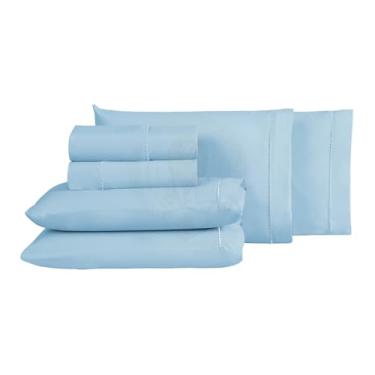 Imagem de Jogo de Lençol Roupa Cama 100% Algodao 300 Fios 188x138x30 6 Peças (Azul, Casal)