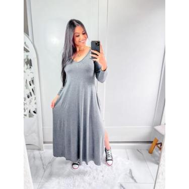 Imagem de Vestido gola V manga longa com bolço e fenda lateral  - Mk Modas, Cinz