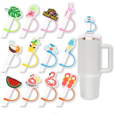 Imagem de Tampa de silicone para canudos de verão, 12 peças, para copo, canudos de 10 mm, chapéu para canudos reutilizáveis, decorações de flamingo, pontas de canudos, tampas para acessórios de copo