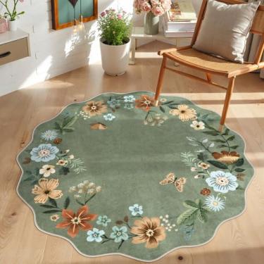 Imagem de Lahome Tapetes florais redondos, tapete redondo pequeno lavável, 90 cm, antiderrapante, macio boho ultrafino, tapete circular para quarto, entrada, cozinha, lavanderia, banheiro, verde