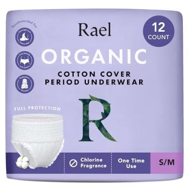 Imagem de Rael Roupa íntima descartável para mulheres, capa de algodão orgânico – almofadas para incontinência, essenciais pós-parto, roupa íntima descartável, sem cheiro, cobertura máxima (tamanho P-M, 12