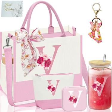 Imagem de AiHeart Presentes para mulheres, sacola de lona inicial, presentes personalizados para mulheres, presentes com monograma para mulheres, bolsa de praia inicial, bolsa de maquiagem inicial, presentes de