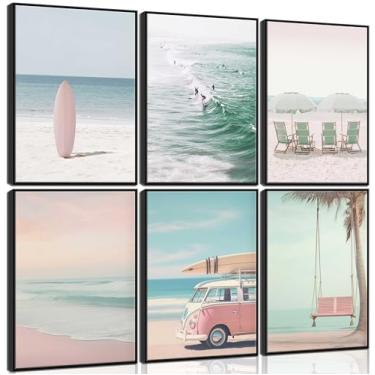 Imagem de MTLXSBLT 6 peças de arte de parede em tela de praia verão paisagem marítima galeria pôsteres feminino náutico prancha de surf ônibus decoração de parede pintura temática náutica tropical imagens