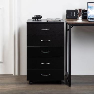 Imagem de Cômoda preta moderna com 5 gavetas espaçosas, alças de metal e 4 rodas - armário de armazenamento de madeira para quarto, preto