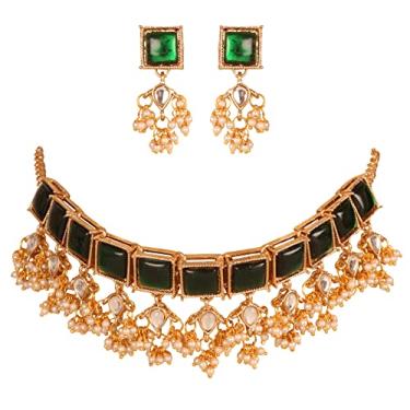 Imagem de Sunsoul Conjunto de gargantilhas femininas de pérolas falsas em formato quadrado tradicional da Touchstone Bollywood indiano em tom dourado antigo, Sem Pedra Preciosa