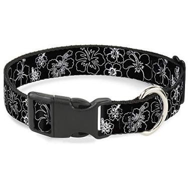 Imagem de Buckle-Down Coleira com clipe de plástico – contorno de hibisco preto/branco – 3,8 cm de largura – serve para pescoço de 40,6 a 58,4 cm – Médio