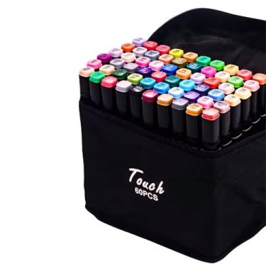Imagem de Conjunto de Canetas Marcador Permanente Canetinhas para Colorir Touch com Ponta Dupla para Desenhos Profissional e Escolar com Duas Pontas Hidrográficas com Estojo para Transporte Brashopmall® (60)