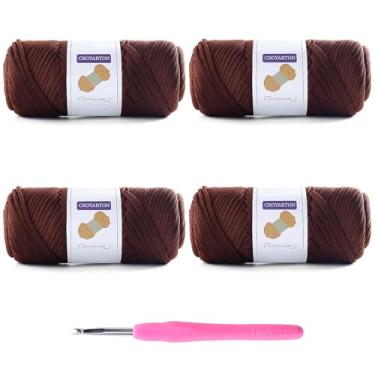 Imagem de Pacote com 4 fios de camisetas para crochê, camisetas elásticas, fios de tricô espaguete, comprimento total, 260 metros para sacos de crochê, decoração de casa com 1 agulha de crochê (4 cafés