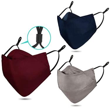 Imagem de Máscara facial de pano de 3 camadas reutilizável lavável, máscaras faciais de algodão filtro de fio para nariz alças ajustáveis, pacote com 3 sem neblina/poeira para adultos unissex (1 azul + 1 vinho + 1 cinza)