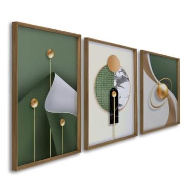 Imagem de Quadros Decorativos Tríade Elegante Cores Vivas em Verde e Nude Abstrato em Harmonia (Madeira, 50x75, C/Vidro)