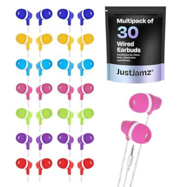 Imagem de Fones de ouvido JustJamz Bubbles coloridos intra-auriculares 3,5 mm conector de áudio para iPhone Android, laptop, grandes fones de ouvido para crianças, estudantes, sala de aula, cores mistas, pacote com 30