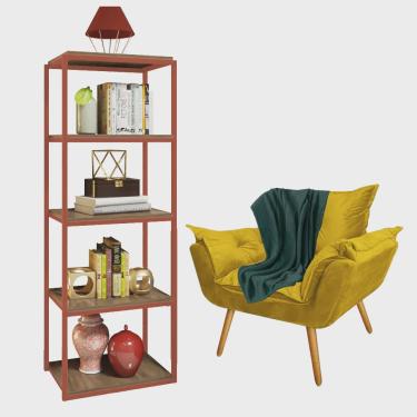 Imagem de Kit Poltrona Fatte com Manta Soft Verde e Estante Livreiro Ferro Bronze mdf Freijó Suede Amarelo - Ahazzo Móveis