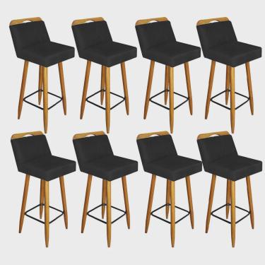 Imagem de Kit 08 Banqueta Alta c/ Encosto Lith Para Cozinha Bar Balcão Bistrô Pé Palito Castanho Corino Preto - Ahz Móveis