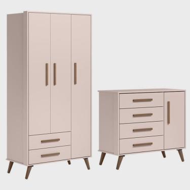 Imagem de Jogo de Quarto Infantil Q Encanto Retrô com Guarda Roupa e Cômoda - Qmovi Rosa