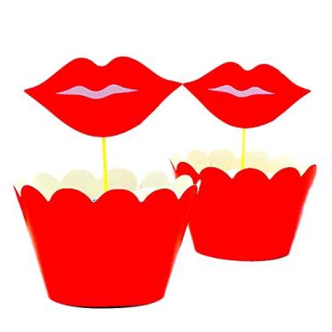 Imagem de Hongkai 48 peças de batons Red Flame Lipstick Series Aesthetically Love Romantic Lips Kiss Cake Toppers and Wrappers Happy Birthday Decorações Noiva Aniversário Casamento Festa Suprimentos