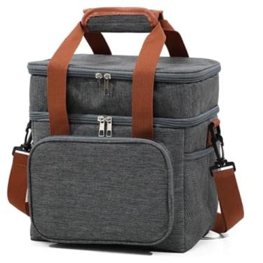 Imagem de Bolsa Termica Lancheira Transversal Alça de Ombro Dois Andares Academia Trabalho Dois Compartimentos Fitness Comida Bolsa Para Marmita Bebida (Cinza)