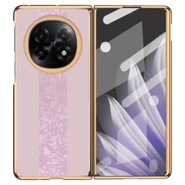 Imagem de FWYANZH Capa de couro para Oppo Find N5, protetor de tela embutido, capa galvanizada, padrões de emenda elegantes, capa fina, rosa, Find N5