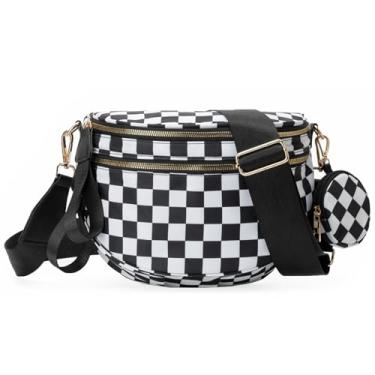 Imagem de Leakkle Bolsa tiracolo feminina, bolsa de cintura xadrez preta e branca, bolsa de cintura crescente para viagens e esportes ao ar livre, Preto, branco