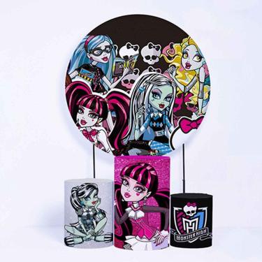 Imagem de Kit Painel de Festa Redondo de 1,30m e Trio de Cilindros Monster High - Fera Print