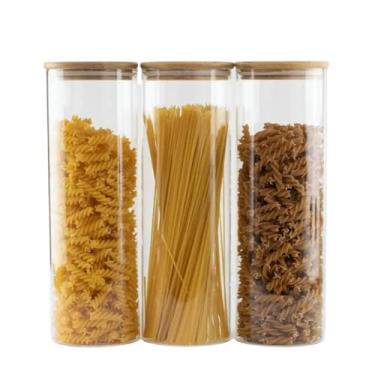 Imagem de Kit Potes De Vidro 2l Tampa De Bambu HerméTico Madeira Borossilicato Porta Alimentos MacarrãO(KIT 3 POTES)