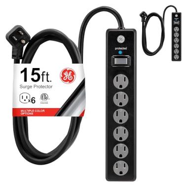 Imagem de GE Protetor contra sobretensão de 6 tomadas, pacote com 2, cabo de extensão de 4,5 m, filtro de linha, 800 joules, plugue plano, capas de segurança de torção para fechar, luz indicadora protegida, listado pela UL, preto, 54650