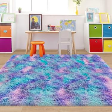 Imagem de JiaoBaba Tapete fofo tie-dye roxo arco-íris para quarto 1,2 x 1,8 m macio tapete felpudo tapete de cabeceira para sala de estar, quarto de crianças, meninos, adolescentes, berçário, bebê, escritório,