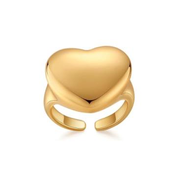 Imagem de Anel clássico de coração grosso grosso para mulheres, banda aberta, elegante, empilhável, grande, polido, ouro, grande amor, ajuste confortável, anéis de dedo ajustáveis para casamento, compromisso