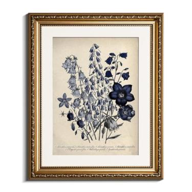 Imagem de VIYYIEA Decoração de arte de parede botânica emoldurada a ouro, impressões de imagens de campânula de flor azul, sala de estar, quarto, quarto costeiro, decoração floral azul, pinturas em tela vintage