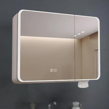 Imagem de Armário de armazenamento no banheiro montado na parede, armário de espelho de vaidade LED, armário de espelho de banheiro inteligente anti-fog, armário de remédios iluminados com espelho HD,