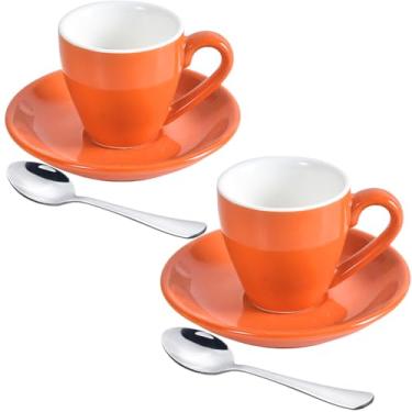 Imagem de ionEgg Xícara de café expresso de porcelana com pires e mini colheres de aço inoxidável, copo de café expresso, 80 ml, pacote com 2, laranja
