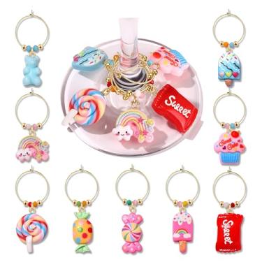 Imagem de HSWE Berloques de taça de vinho divertidos pirulito doce urso doce marcadores de bolo de sorvete com anéis dourados etiquetas identificadoras de bebida para copos de caule praia casamento aniversário