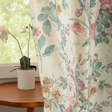 Imagem de Cortinas florais de 203 cm de comprimento, 2 painéis de linho, texturizadas, vintage, francesas, para sala de estar, janela de privacidade, semitransparentes, cortinas estampadas com flores de rosas