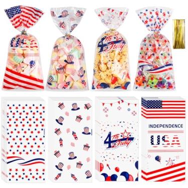 Imagem de 4 de julho, sacos de guloseimas de celofane, 100 unidades de sacos de doces do Dia da Independência, 4 estilos transparentes de 4 de julho com laços torcidos para o Dia da Independência, Memorial, Dia
