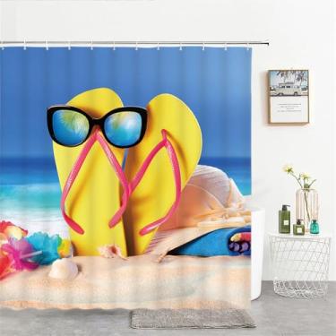 Imagem de Cortinas de chuveiro estampadas com conchas de praia e mar, tela de cortina de banho com estrelas do mar, produtos à prova d'água, decoração de banheiro com ganchos, 3379W,W90xH180cm