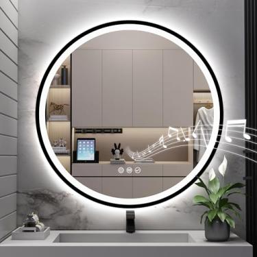 Imagem de S'bagno Espelho Redondo De Banheiro Com Led 28'' E Luzes, Parede Para Penteadeira, Antiembaçante, Regulável Continuamente, 3 Cores, Vidro Temperado Iluminação Maquiagem