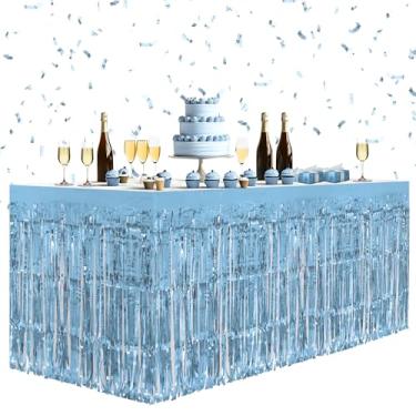 Imagem de 1 pacote de saias de mesa azul claro, saias de mesa metálicas de 73,7 x 274,3 cm de folha metálica com franjas para mesas retangulares, cortinas de flâmula, pano de fundo, decorações de festa para